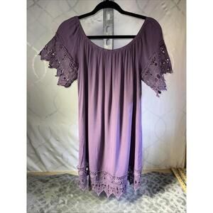 Iris Off the Shoulder Boho Dress Periwinkle, Purple Crochet Lace Hem & Sleeves L